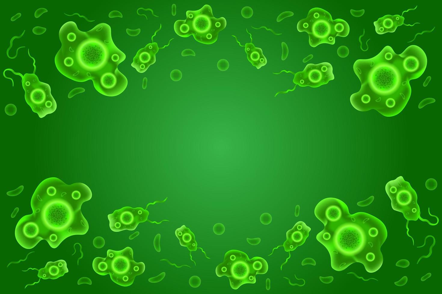 Amoeba background vector in green color, organism microbiology bacteria virus, template for diseases medical presentation