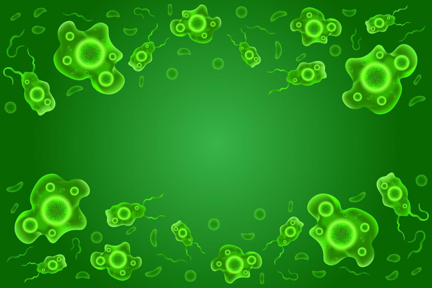 vector de fondo de ameba en color verde, virus bacteriano de microbiología del organismo, plantilla para presentación médica de enfermedades