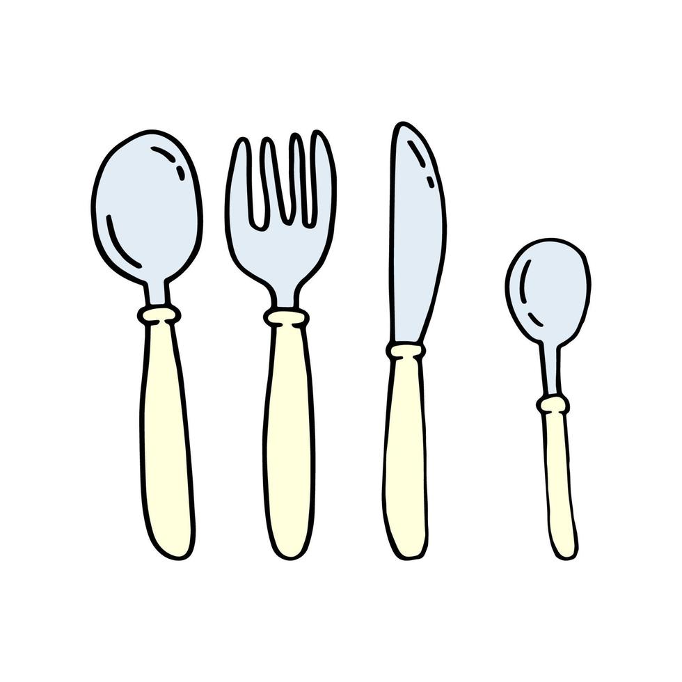 Cutlery in doodle style. Spoons, fork and knife isolated on a white background vector