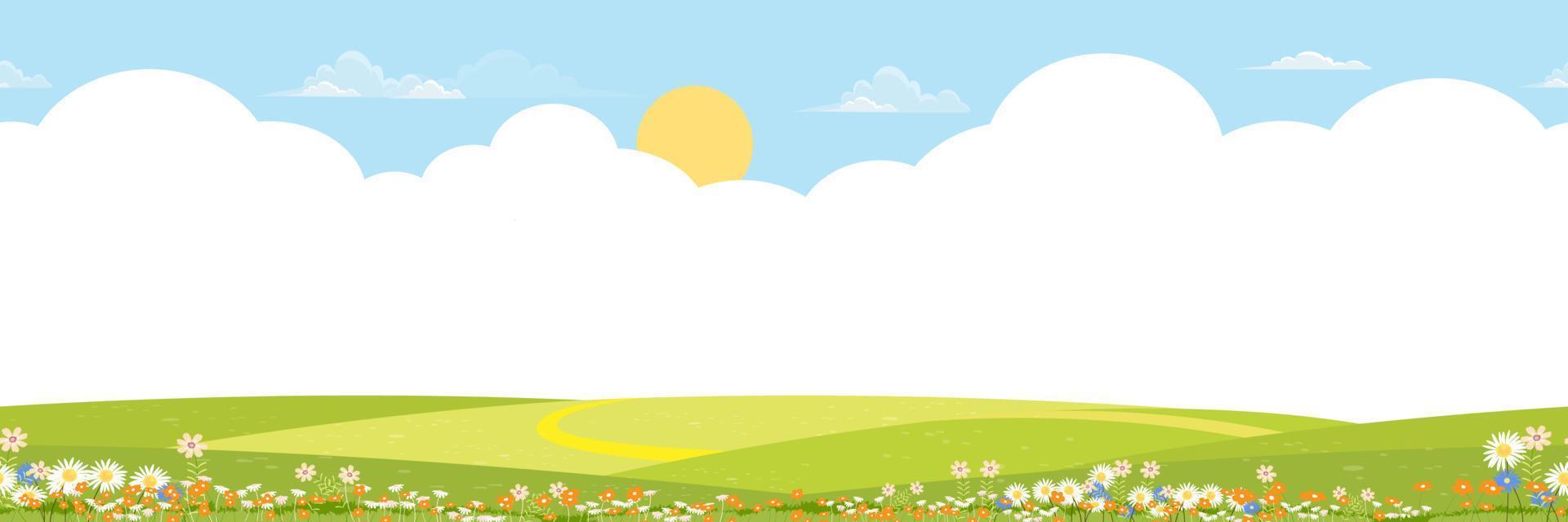 paisaje de campos verdes de primavera de patrones sin fisuras con nubes sobre fondo de cielo azul, panorama interminable hermosa naturaleza rural en primavera con tierra de hierba en hill.vector para banner de primavera o verano vector
