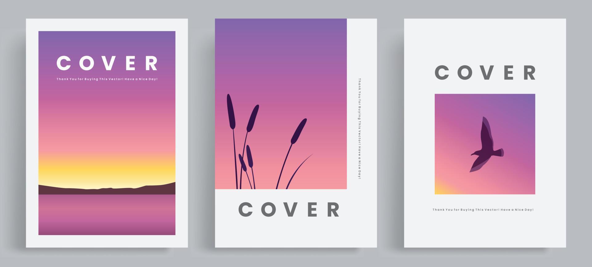Minimalist nature theme books cover template collection. With sunset vector illustrations of lakes, mountains, and silhouettes of cattails and bird.