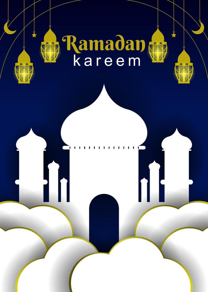 Ramadan fasting month greeting card design, Islamic poster design with lanterns, clouds and mosques vector