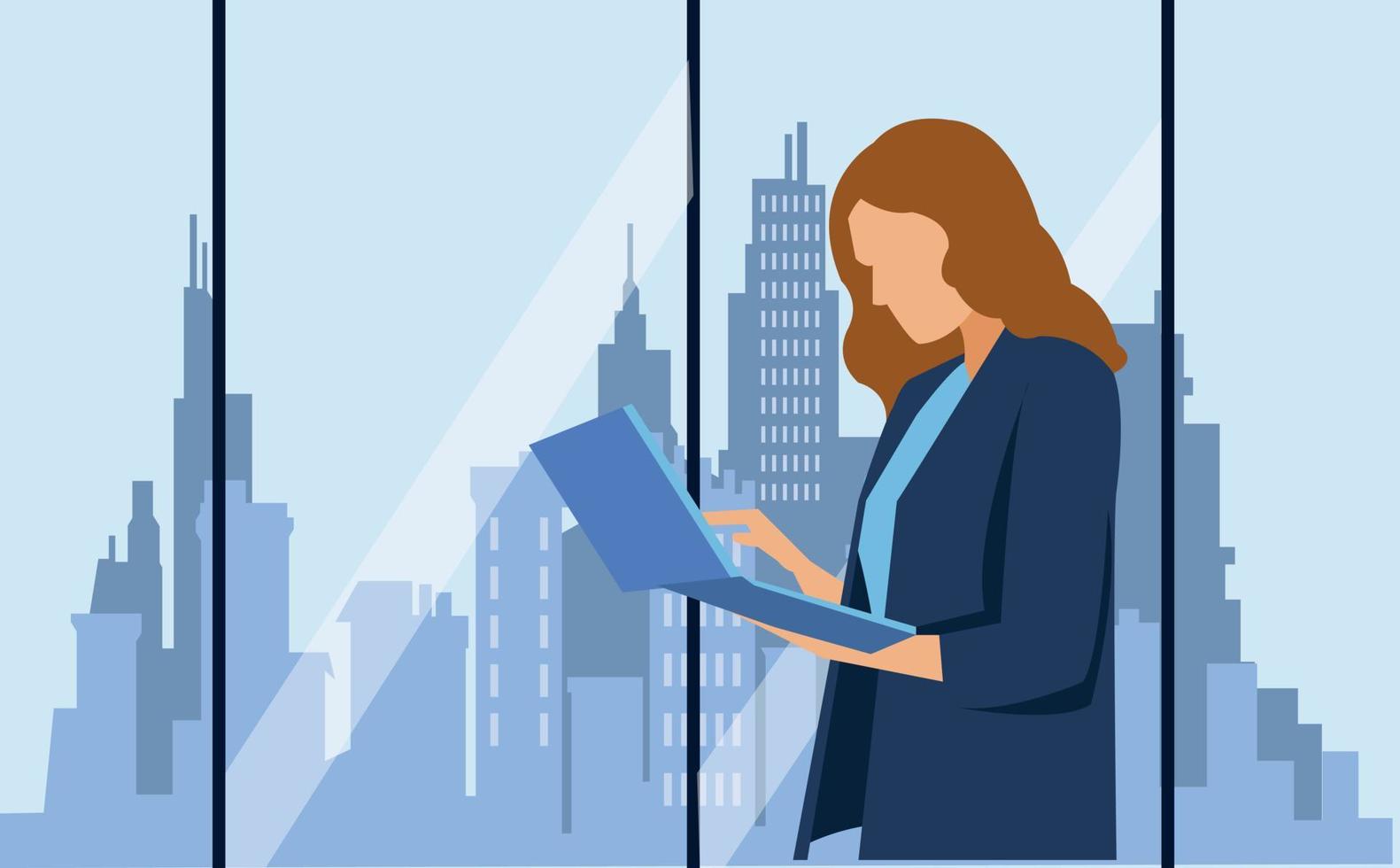 The girl works at the computer in the office vector