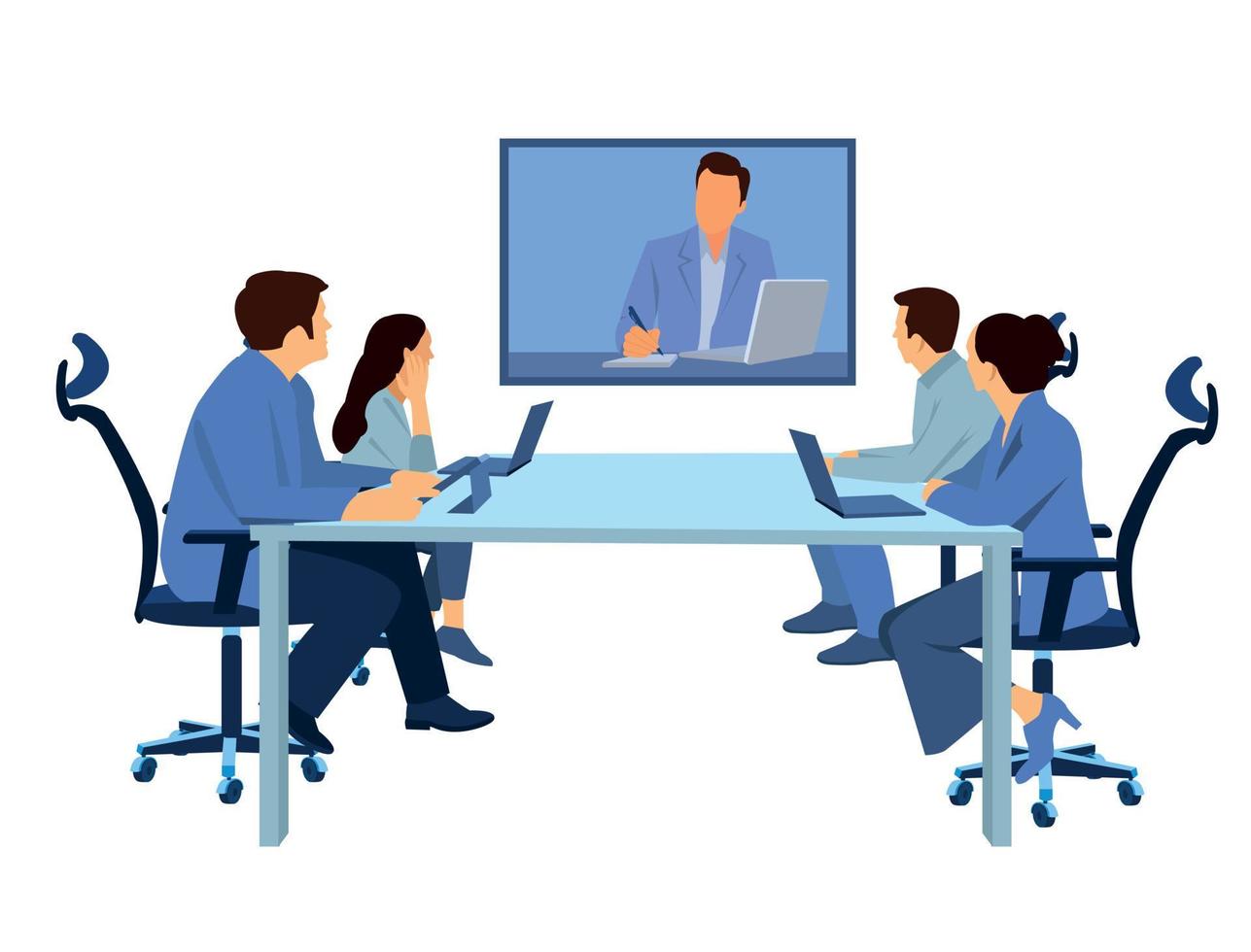 diversos empleados de la empresa que tienen videollamadas de conferencias de negocios en línea en el monitor de pantalla de televisión en la sala de reuniones de la junta. presentación de videoconferencia, concepto de capacitación corporativa de grupo virtual global. vector