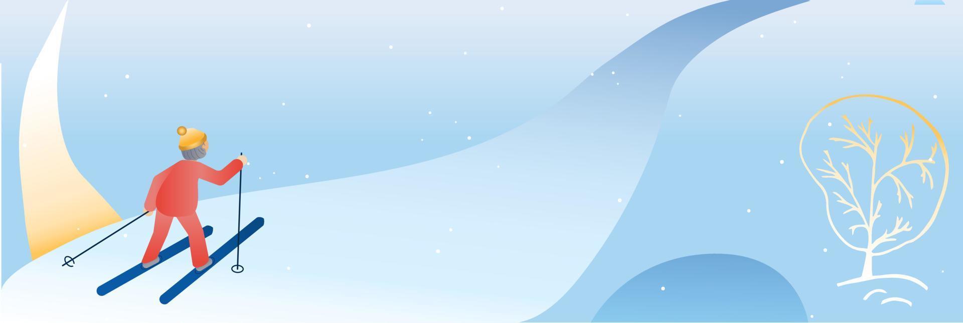 Elderly winter sport web banner template. Vector Illustration. Iandscape morning walk. Grandmother