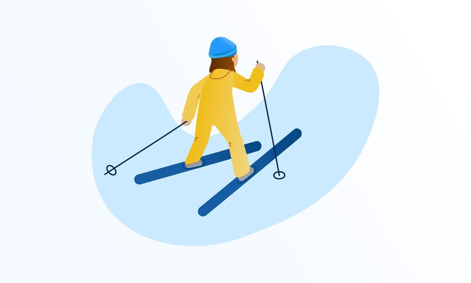 Child skiing in winter vector illustration. Isolated image kid. Yellow winter jumpsuit, blue skis