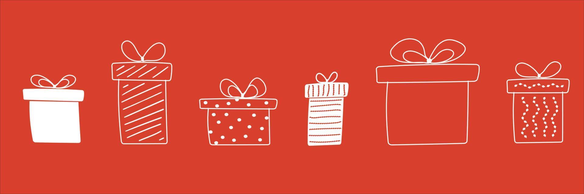 Set gifts line art. White icon. Gifts with dot, striped White and red colors. Vector illustration