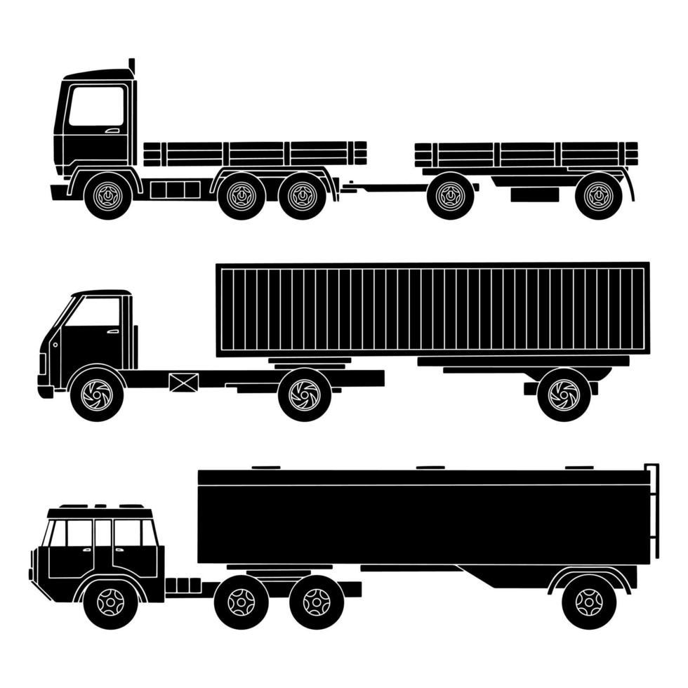 Trucks with trailers, black detailed silhouettes on a white background. Vector illustration