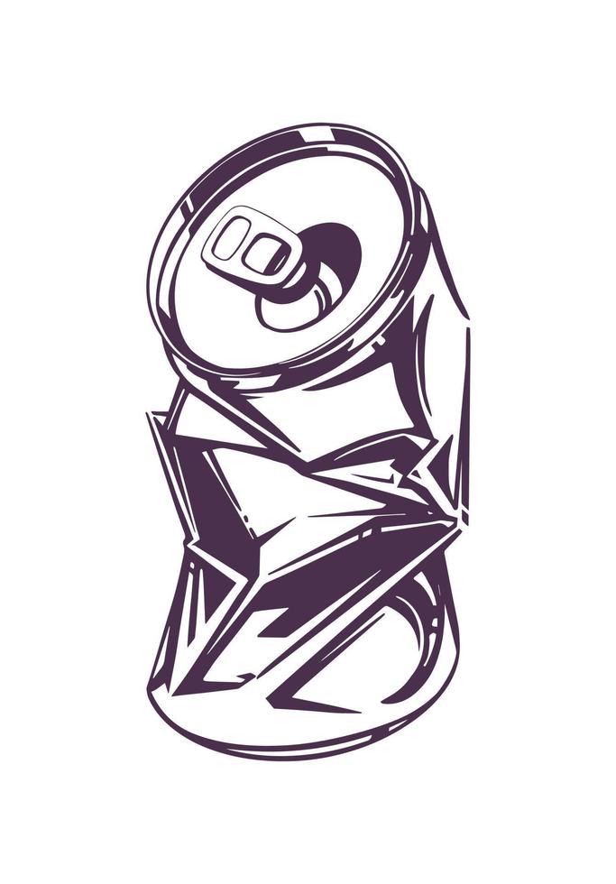 Crumpled can of soda, drawn in pop art vintage style. Fashionable image for print or tattoo. Vector illustration