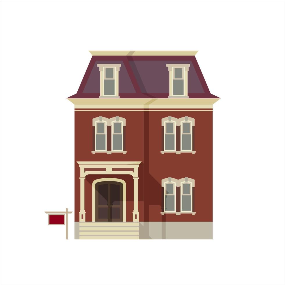 Brick two-storey house with an attic. In the style of flat. vector