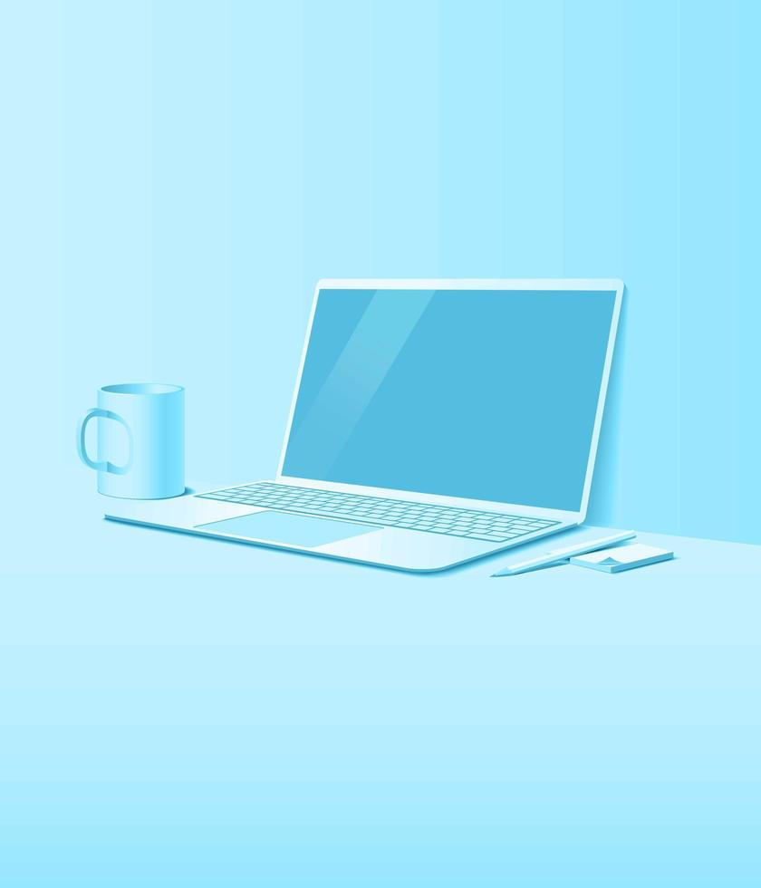 Vertical background with office workplace. A laptop, a mug, a pencil and a notebook. Pink color. vector