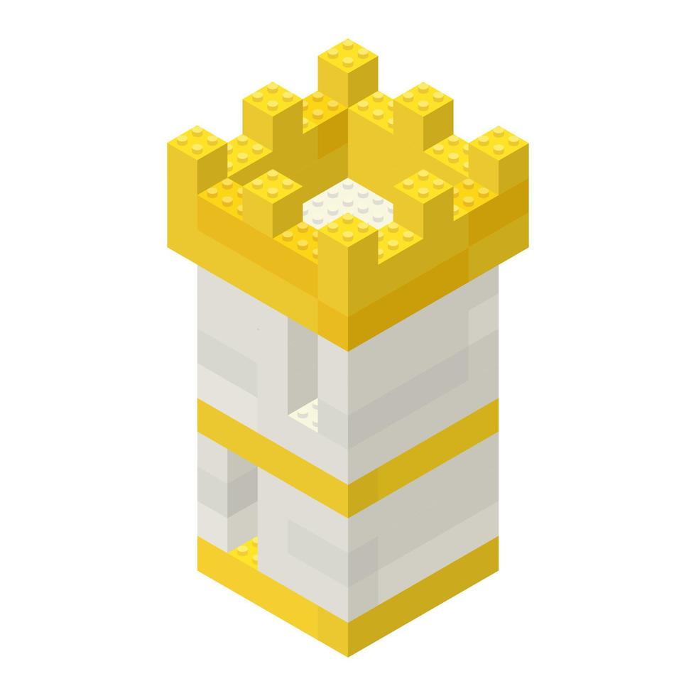 The tower is assembled from white and yellow plastic blocks in an isometric style. For a game map of the area. Vector illustration.