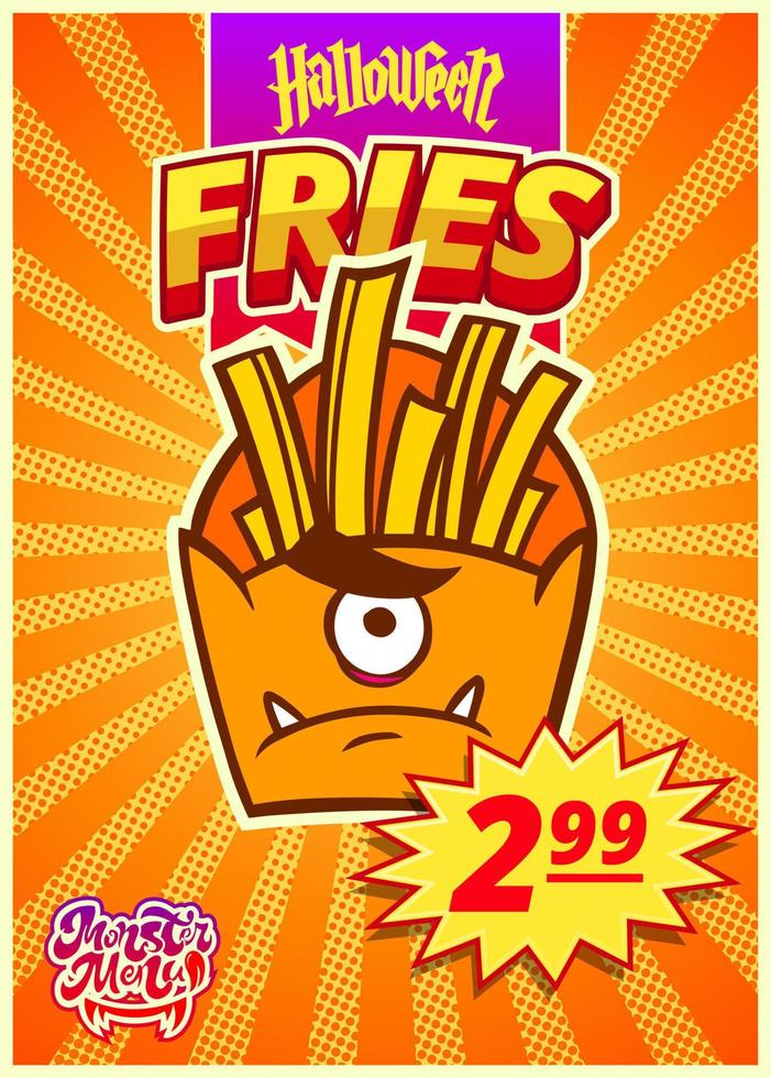 Monster menu with fries. A vertical banner with a price tag for a fast food cafe on Halloween day. Vector illustration.