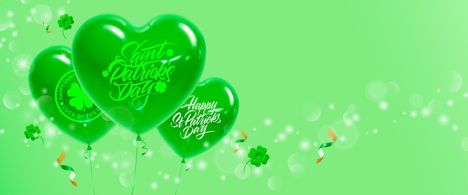 Horizontal festive banner with space for your text. Balloons, candy and clover for St. Patrick's Day celebration. Vector illustration