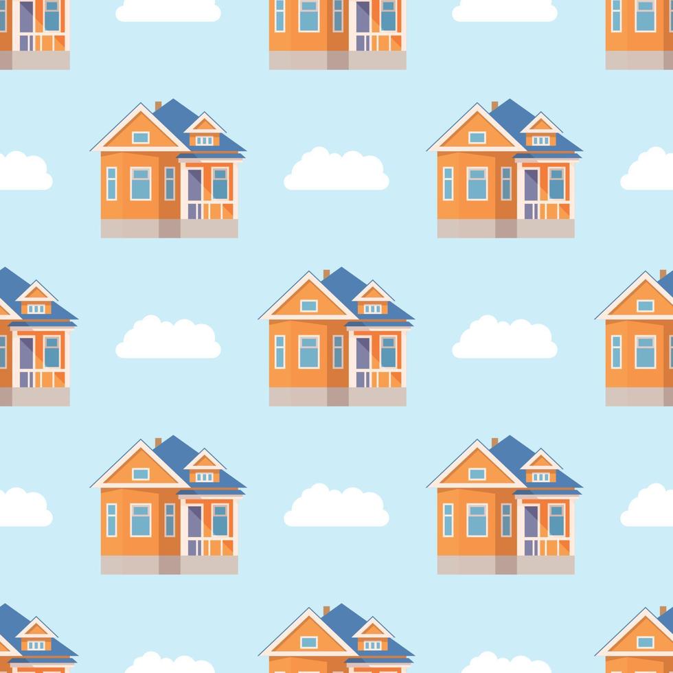 Blue pattern of houses and clouds in cartoon style for print and decoration. Vector illustration.