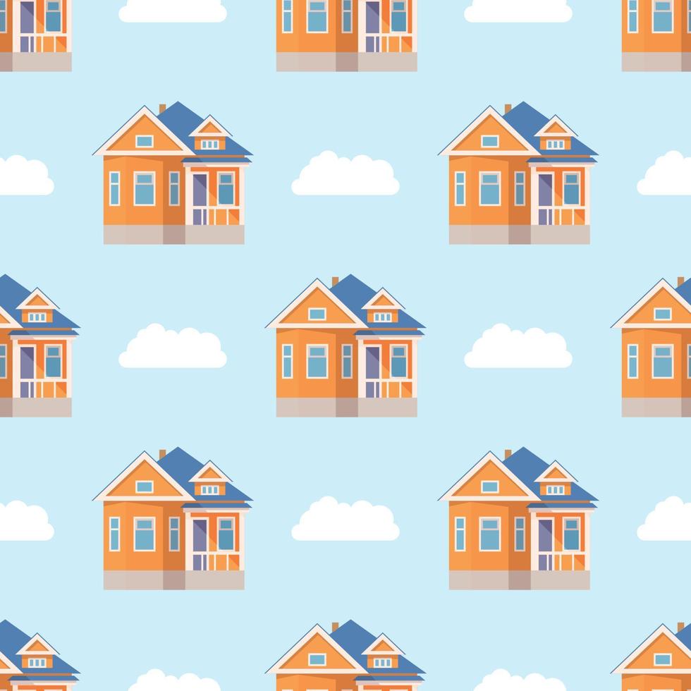 patrón azul de casas y nubes en estilo de dibujos animados para impresión y decoración. ilustración vectorial vector