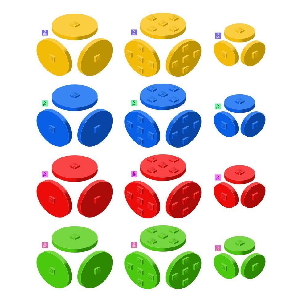 3d set of colored constructor kit in isometry. Collection of disk elements. Vector illustration.