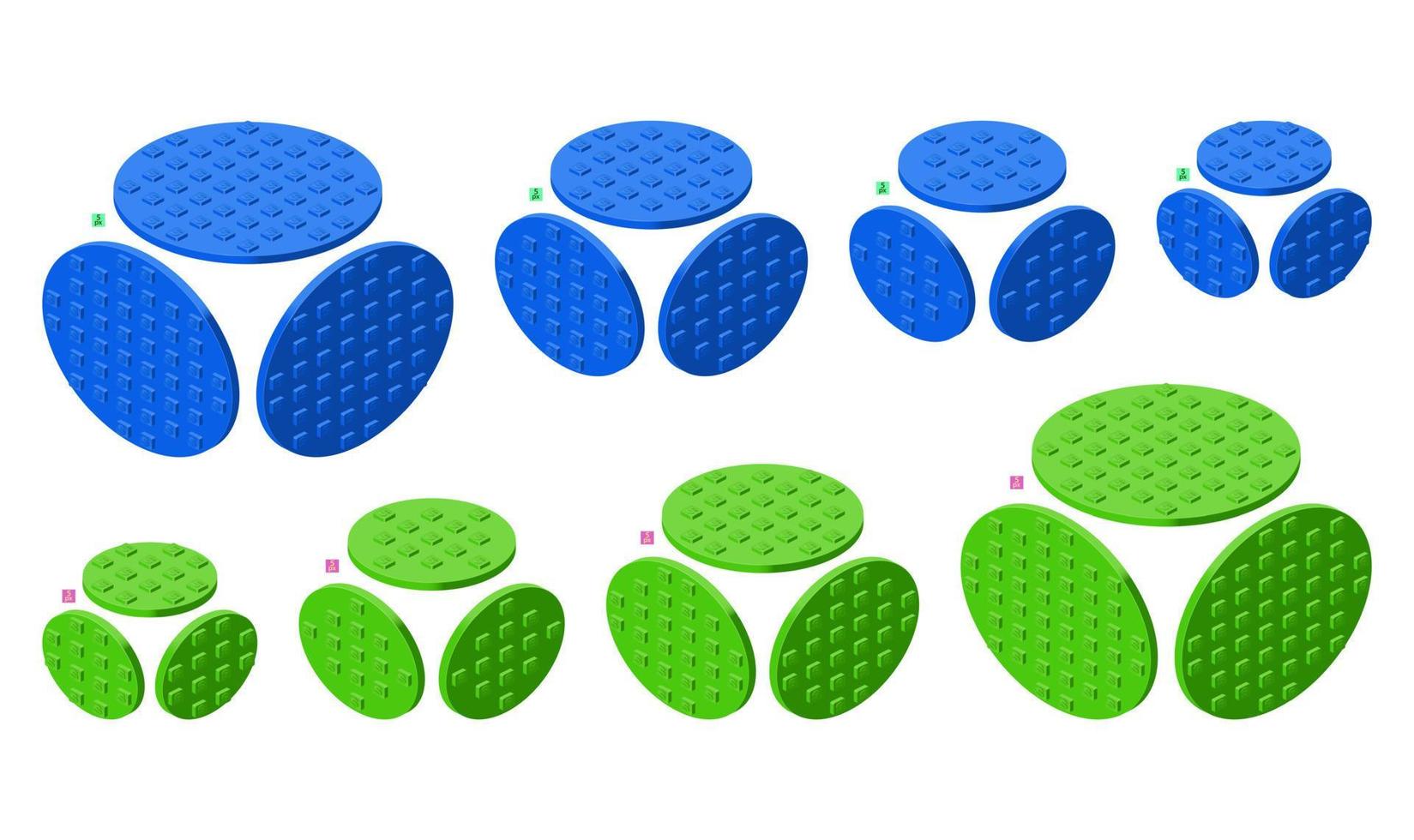 3d set of colored constructor kit in isometry. Round elements. Vector illustration.