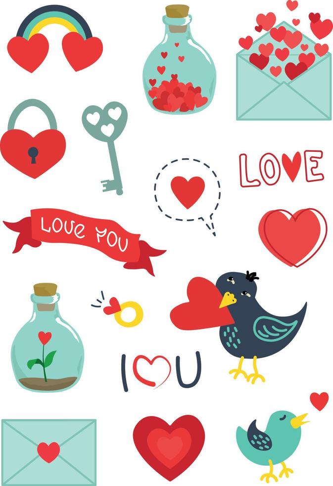 Cartoon cute love valentines day elements and stickers isolated on a white background. Valentines day romantic objects. Vector illustrations for Valentines day, stickers, greeting cards.