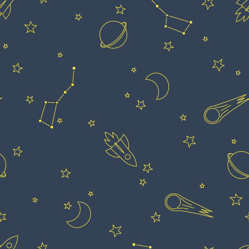 Seamless vector doodle pattern with space elements, rocket, star, planet, moon, meteor. Kids cosmos graphic elements, astronomy pencil sketch. Good for wrap, wallpaper, bed linen set for children.