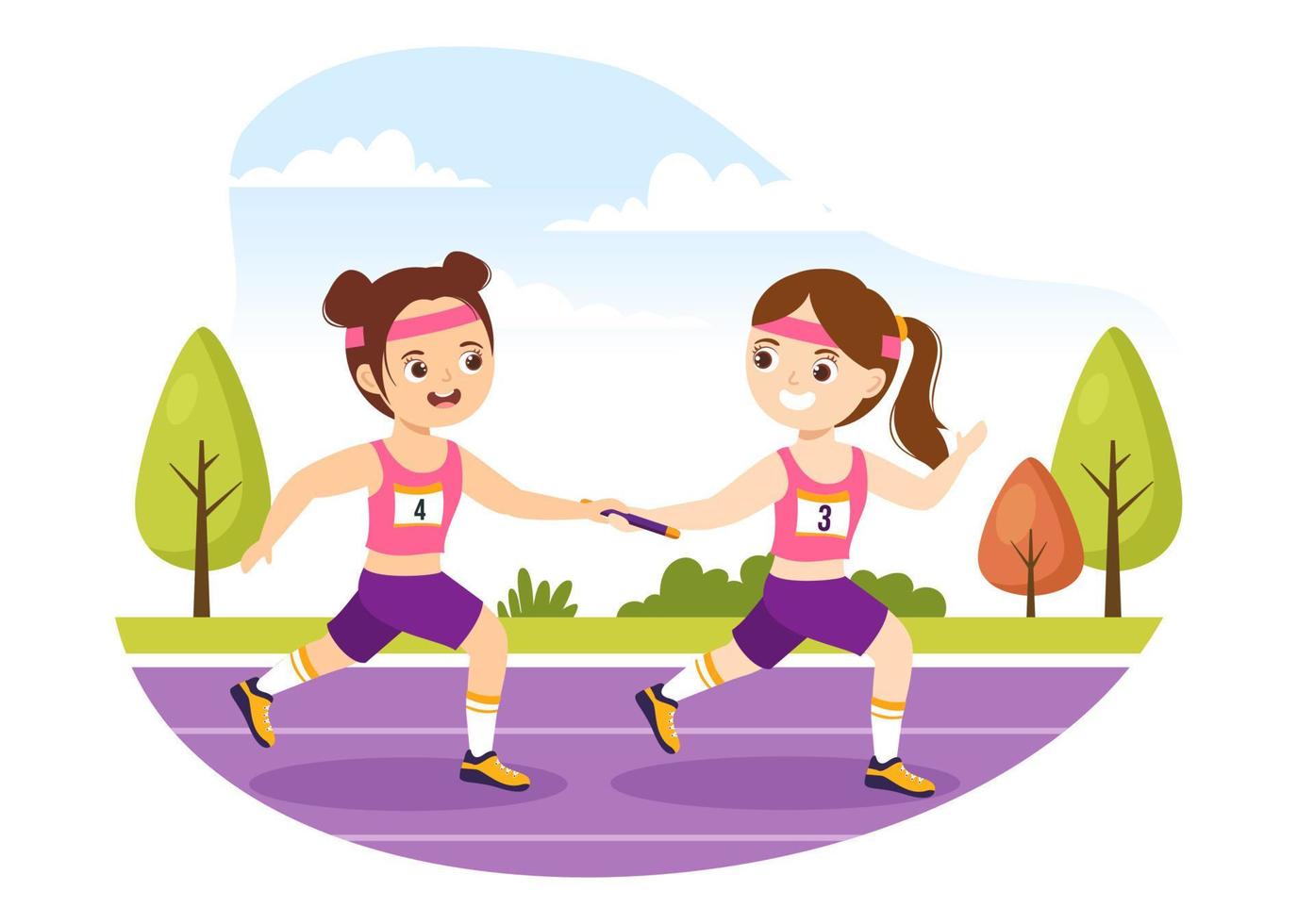 Relay Race Illustration Kids by Passing the Baton to Teammates Until Reaching the Finish Line in a Sports Championship Cartoon Hand Drawing Template vector