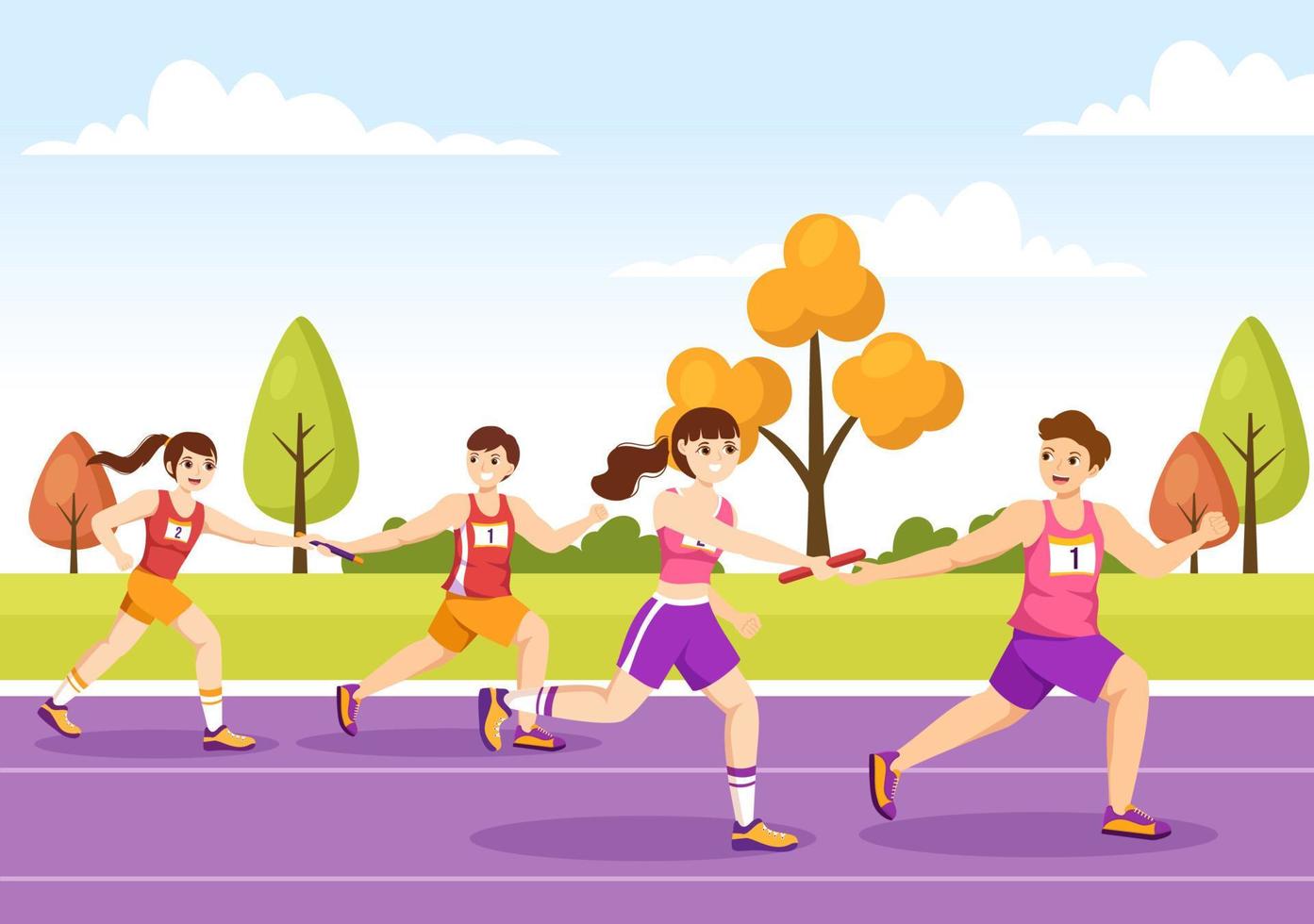 Relay Race Illustration by Passing the Baton to Teammates Until Reaching the Finish Line in a Sports Championship Flat Cartoon Hand Drawing Template vector