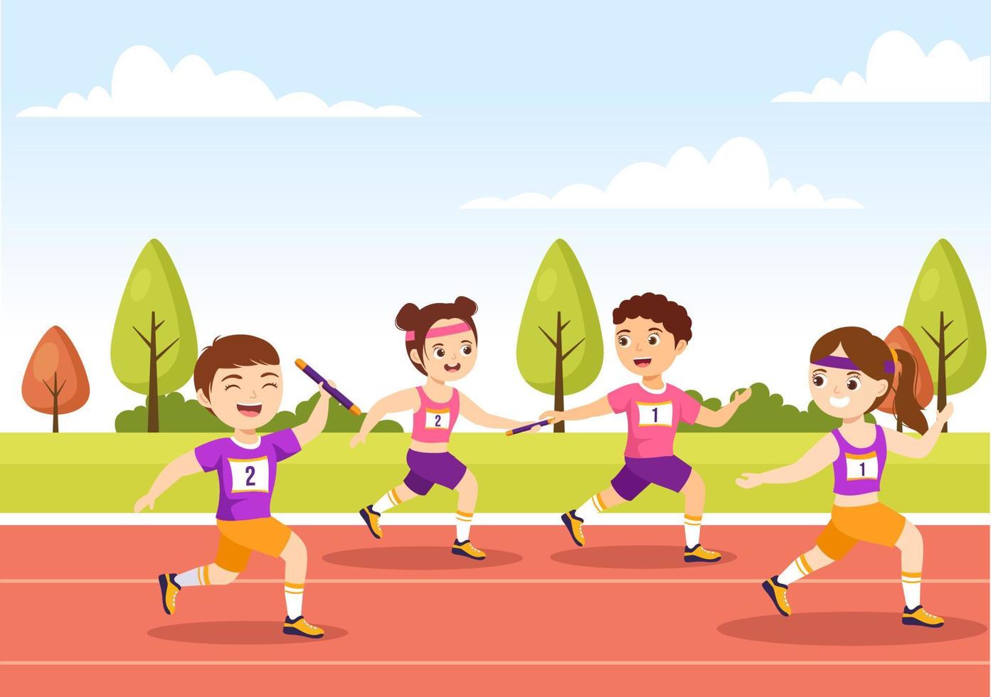 Relay Race Illustration Kids by Passing the Baton to Teammates Until Reaching the Finish Line in a Sports Championship Cartoon Hand Drawing Template vector