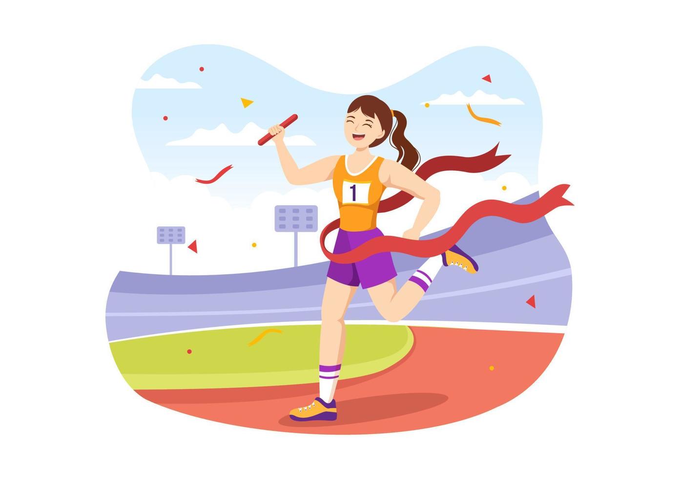 Relay Race Illustration by Passing the Baton to Teammates Until Reaching the Finish Line in a Sports Championship Flat Cartoon Hand Drawing Template vector