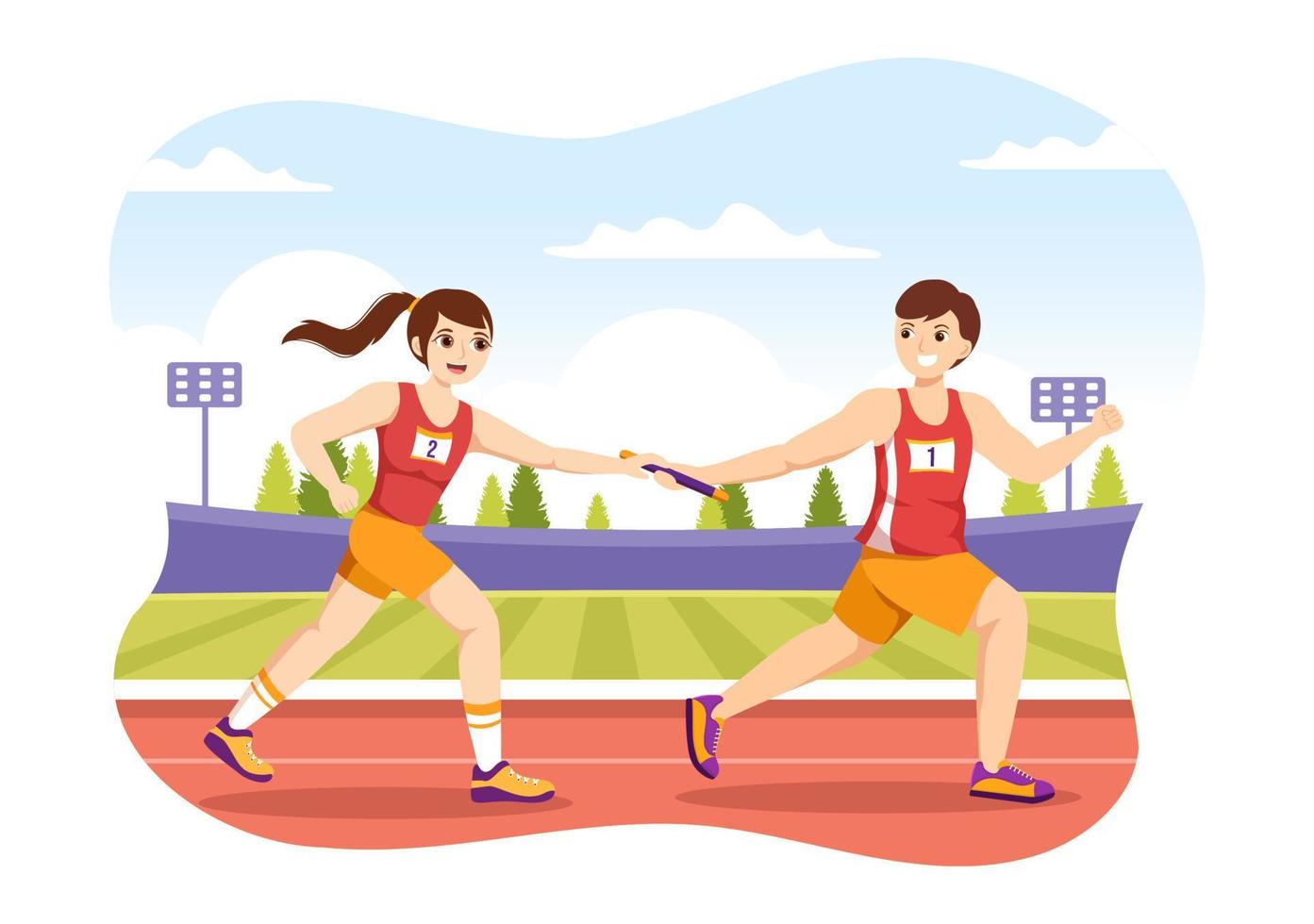 Relay Race Illustration by Passing the Baton to Teammates Until Reaching the Finish Line in a Sports Championship Flat Cartoon Hand Drawing Template vector