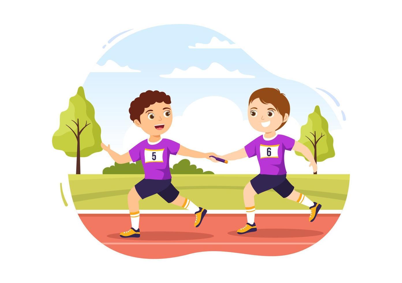 Relay Race Illustration Kids by Passing the Baton to Teammates Until Reaching the Finish Line in a Sports Championship Cartoon Hand Drawing Template vector
