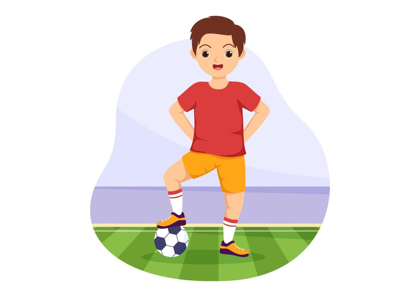 ilustración de deportes de futsal, fútbol o fútbol con jugadores de niños disparando una pelota y regateando en un campeonato deportivo plantillas dibujadas a mano de dibujos animados planos vector