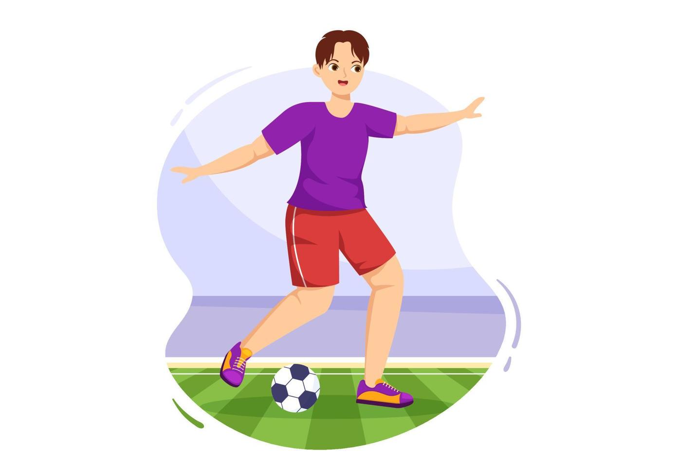 ilustración de deportes de futsal, fútbol o fútbol con jugadores que disparan una pelota y regatean en un campeonato deportivo plantillas dibujadas a mano de dibujos animados planos vector