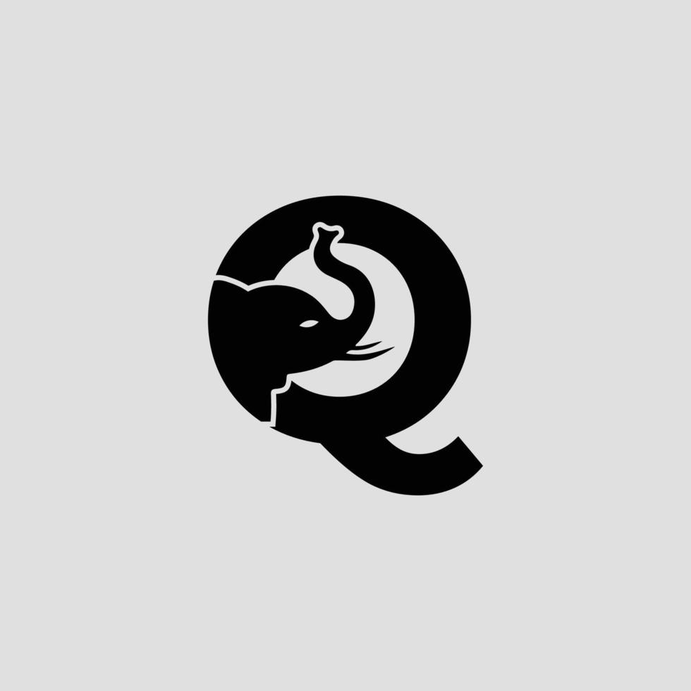 Initial letter Q with Elephant Abstract Vector Logo Template, Sign or Icon. Modern Elephant Head Incorporated in the Letter Q. Negative Space Concept with Modern Typography.