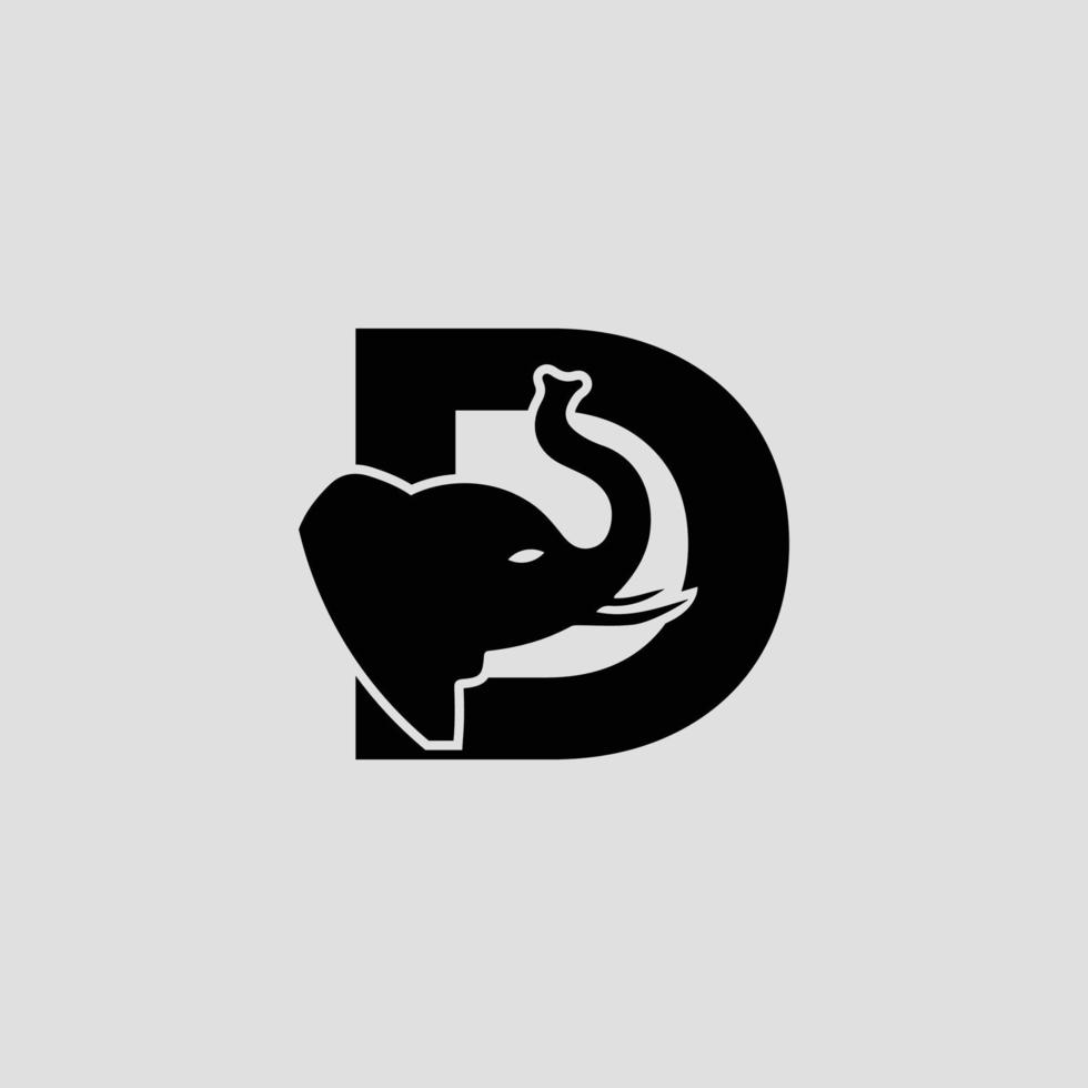 letra inicial d con plantilla, signo o icono de logotipo vectorial abstracto de elefante. cabeza de elefante moderna incorporada en la letra d. concepto de espacio negativo con tipografía moderna. vector