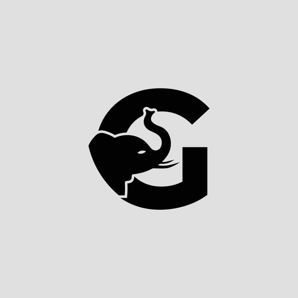 Initial letter G with Elephant Abstract Vector Logo Template, Sign or Icon. Modern Elephant Head Incorporated in the Letter G. Negative Space Concept with Modern Typography.