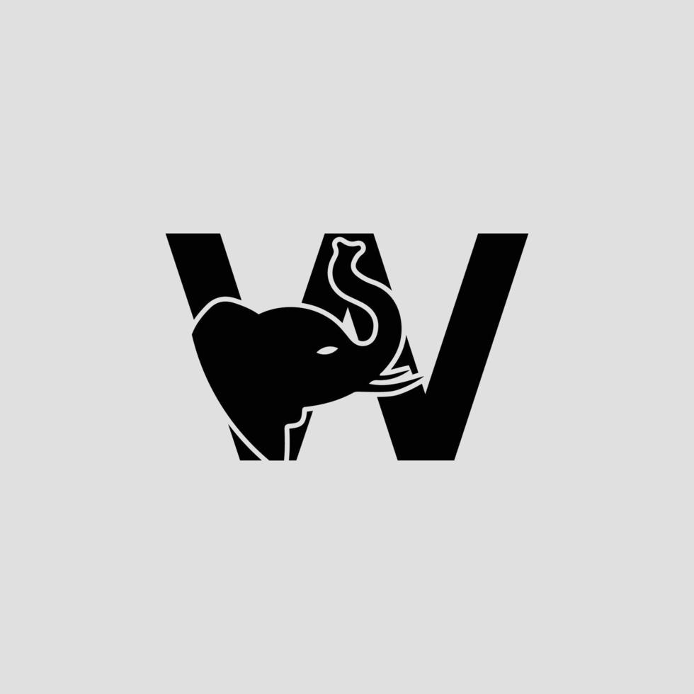 Initial letter W with Elephant Abstract Vector Logo Template, Sign or Icon. Modern Elephant Head Incorporated in the Letter W. Negative Space Concept with Modern Typography.