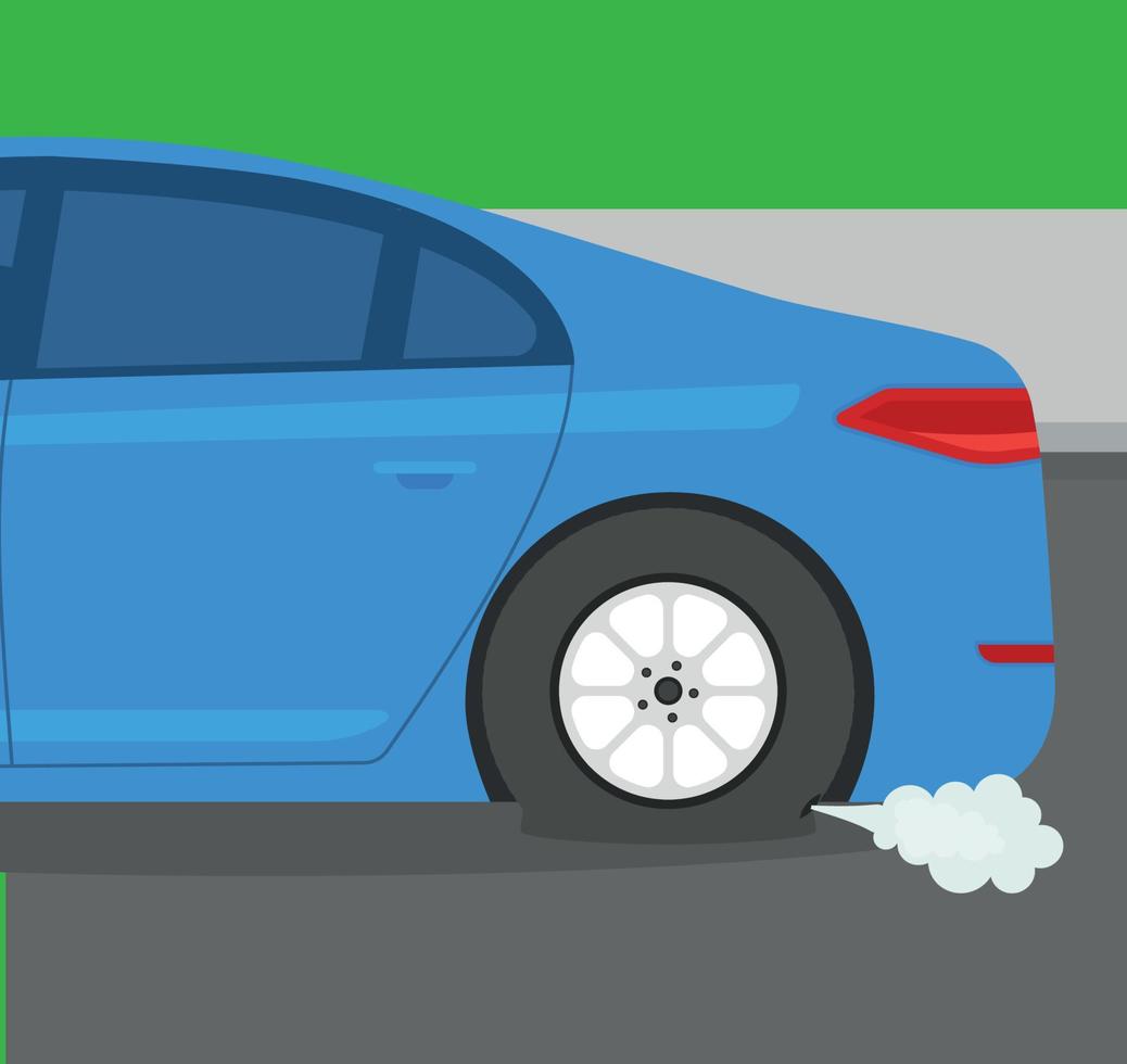 Car with punctured tyre. Vector illustration, flat cartoon style. Isolated background. Flat vector illustration template.