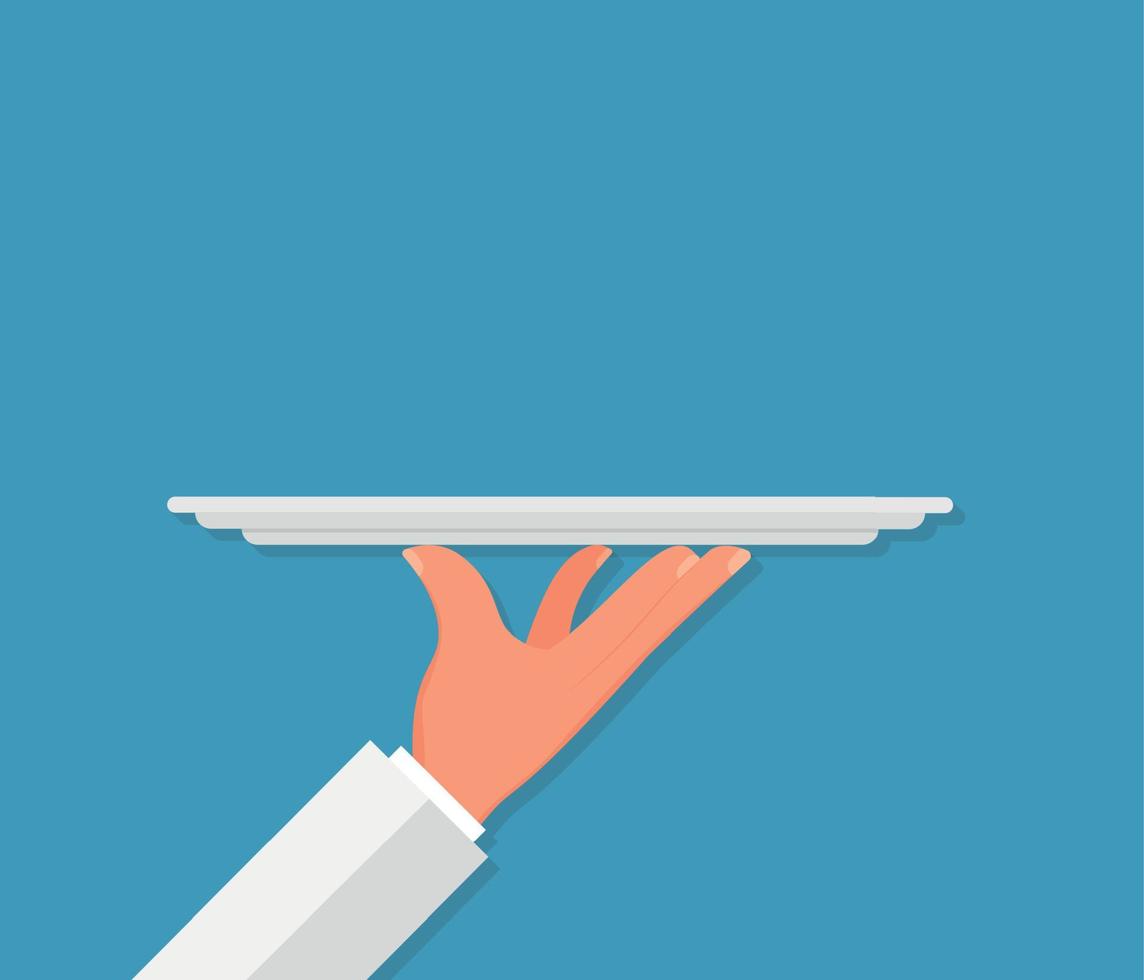 Waiter hand holding tray. Restaurant service. Vector illustration isolated on blue background