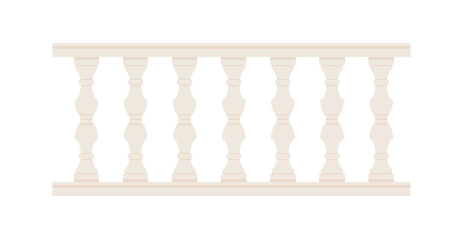 Stone balustrade with balusters for fencing. Palace fence. Balcony handrail with pillars. Decorative railing. Castle architecture element. Flat vector illustration isolated on white background