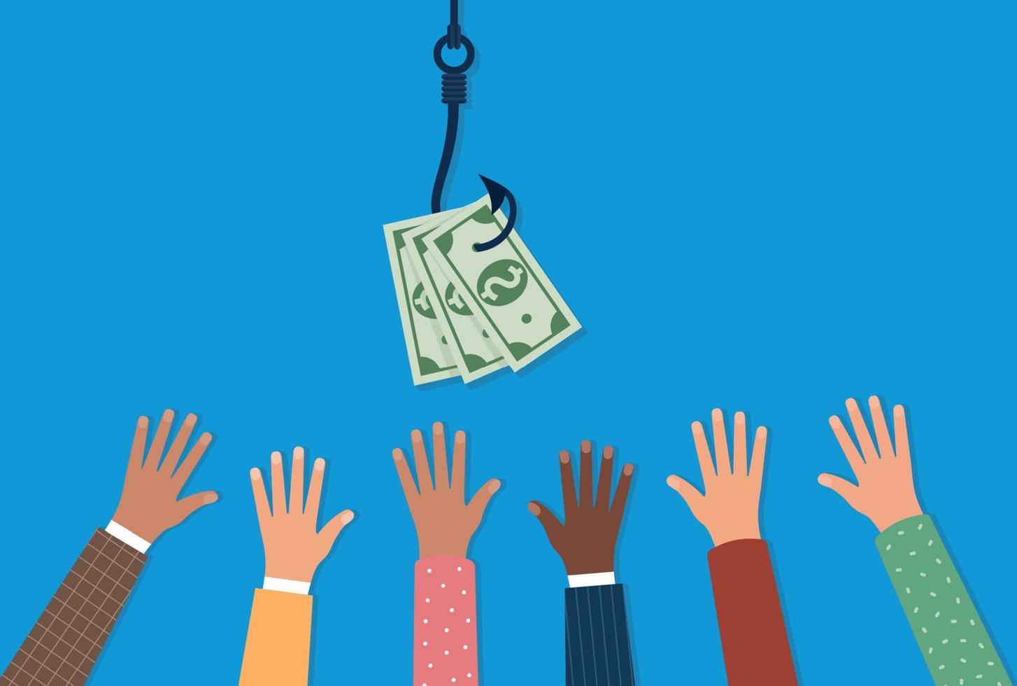 Fishhook business concept - money symbol as trap. Deception, a trap on the hook. Illustration in flat style. vector