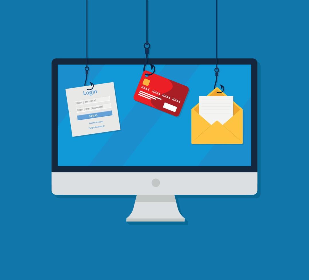 Internet Phishing, Account Hacking Attempt During Online Payment - Hacker Activity, Data Theft, Hacked, Stolen Login Credentials, Password, Credit Card Data - Cyber Crime and Security Vector Concept