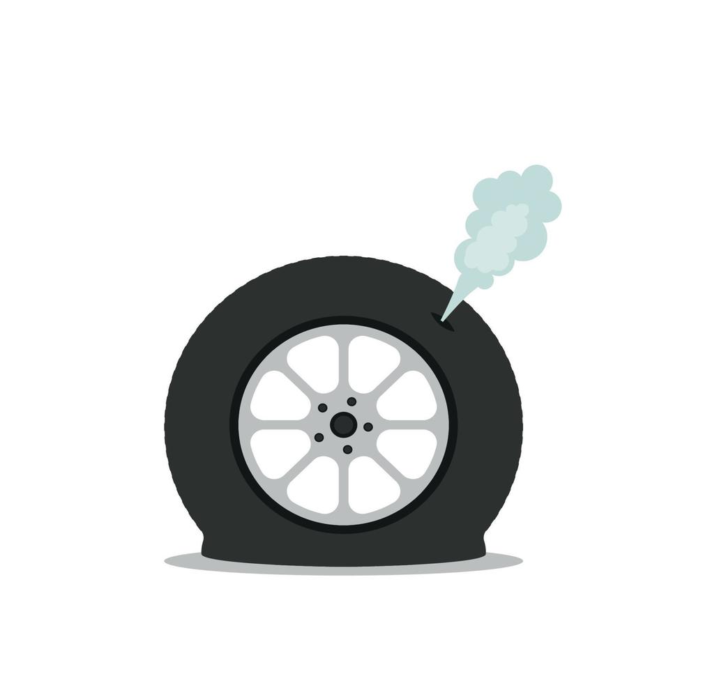 Deflated automobile tire. Punctured wheel of car. Element of Tire service station. Cartoon flat illustration. Comic air and smoke. Accident and repair vector