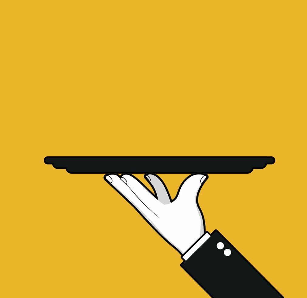 Waiter hand holding tray. Restaurant service. Vector illustration isolated on yellow background