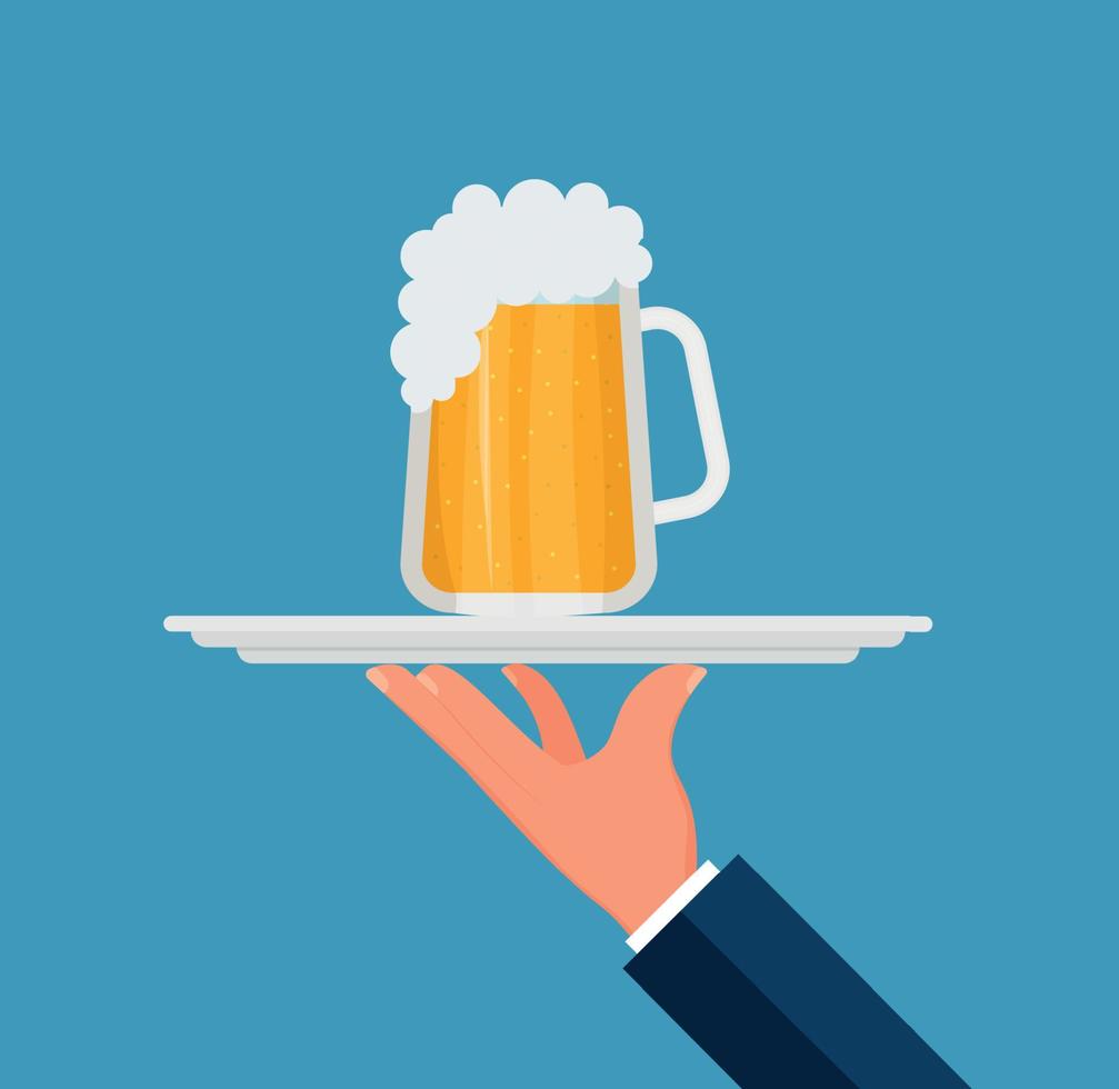 A hand holding tray with beers, ready to serve vector