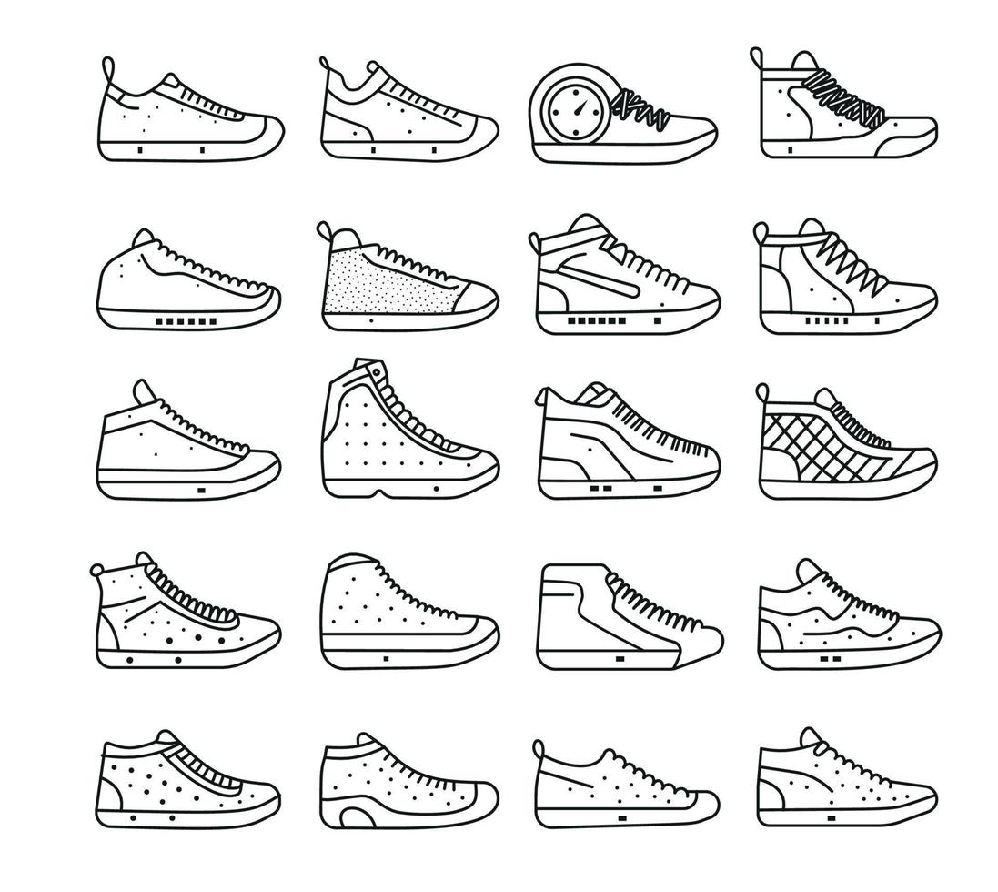 zapatilla de deporte zapato minimalista línea plana contorno trazo icono pictograma símbolo conjunto colección vector