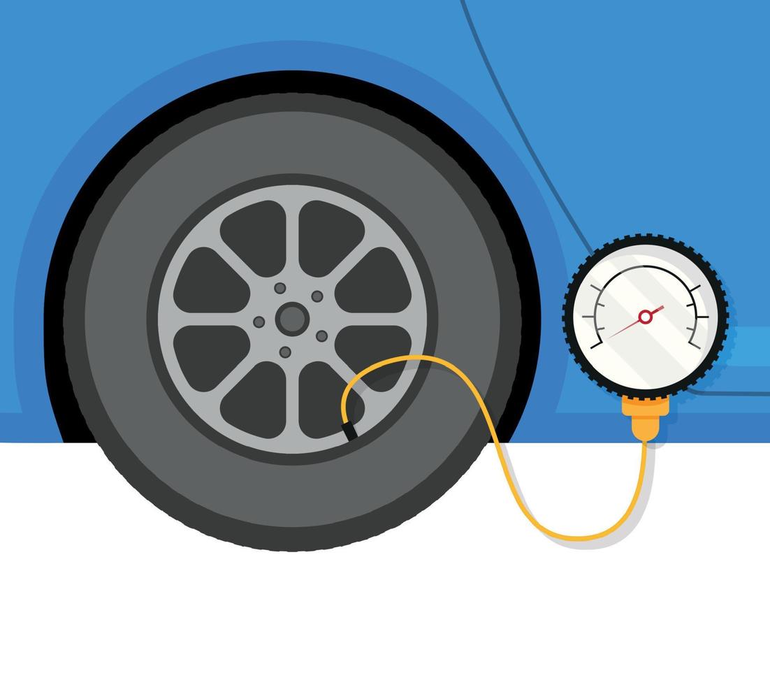 Tire fitting. Pump, car wheel and tire pressure gauge in flat design. Vector stock illustration.