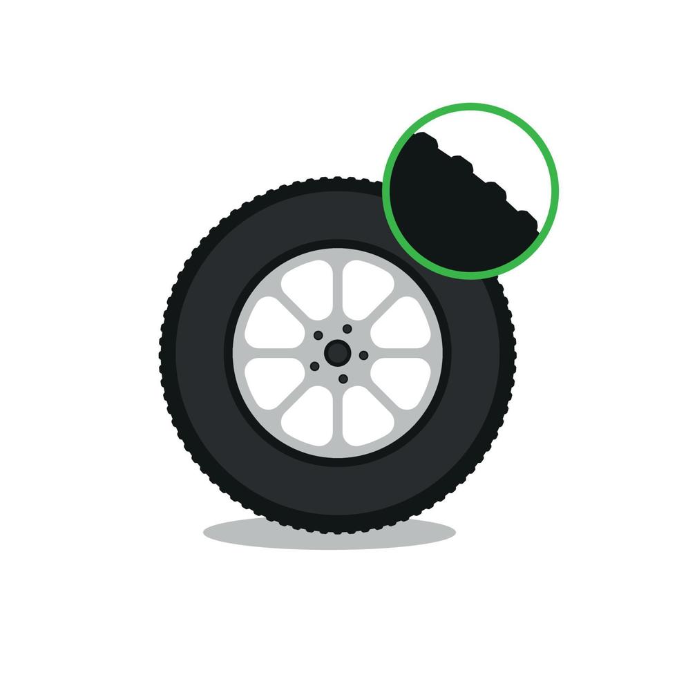 Check tire thread depth flat illustration. Auto tire change service. Good and worn tire. Control car wheel condition. Simple flat vector illustration for web site or mobile app.