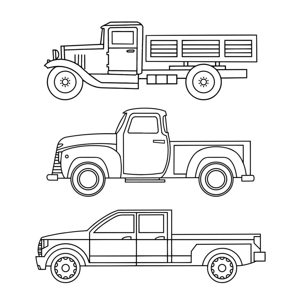 Set of linear icons of old trucks. Vector illustration