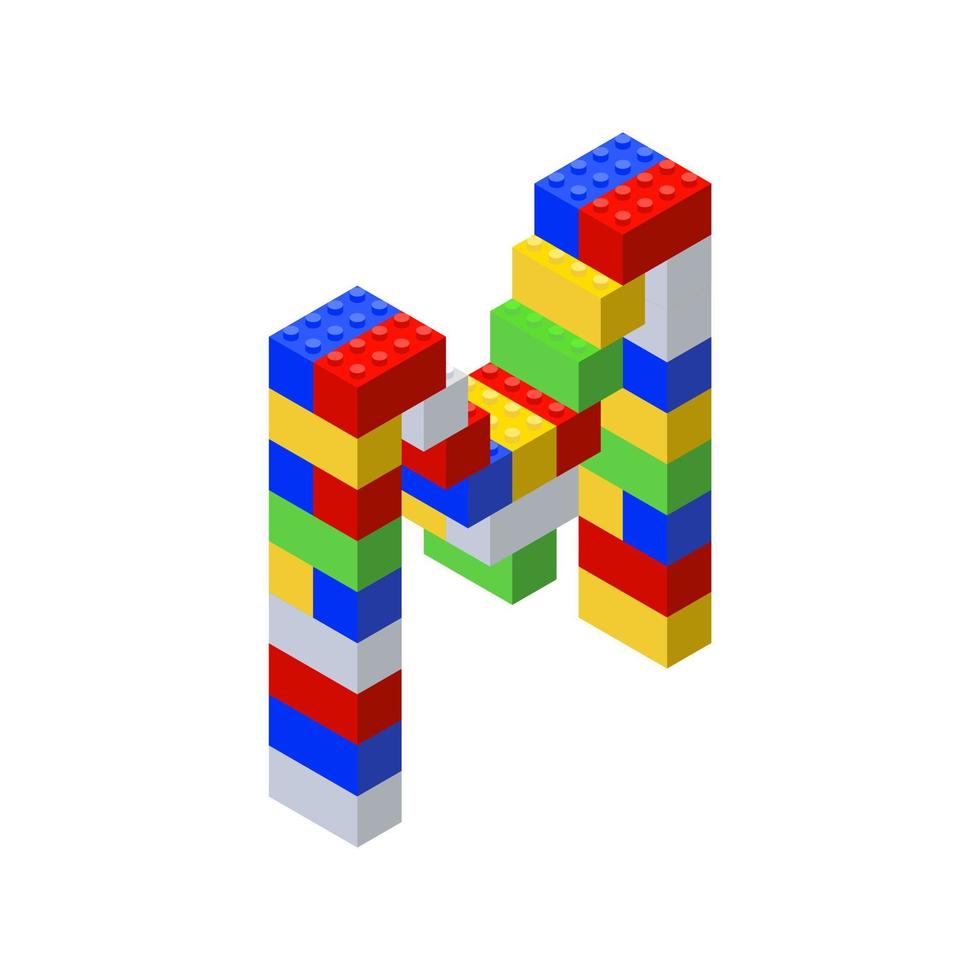 Isometric font made from color plastic blocks. The childrens designer. Letter M. Vector illustration