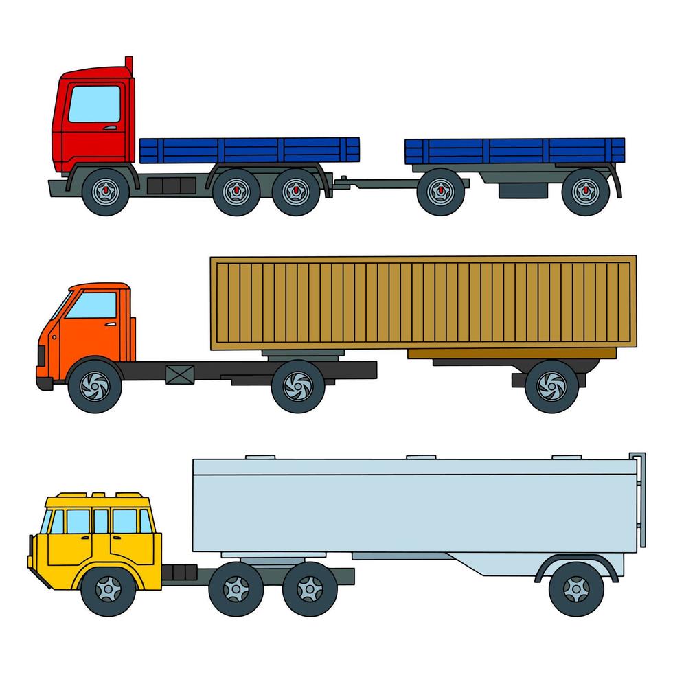 Set of trucks with trailers. Cartoon style. Color vector illustration